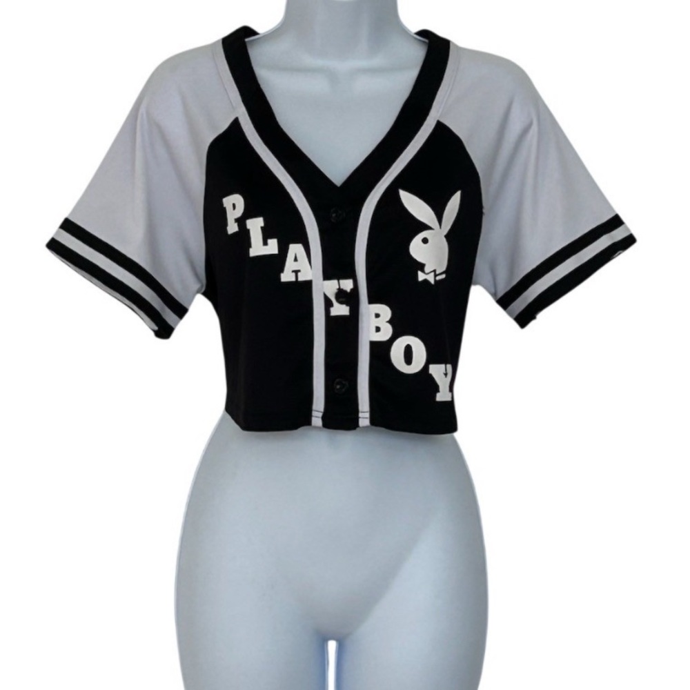 PLAYBOY Black & White Cropped Button Baseball Top